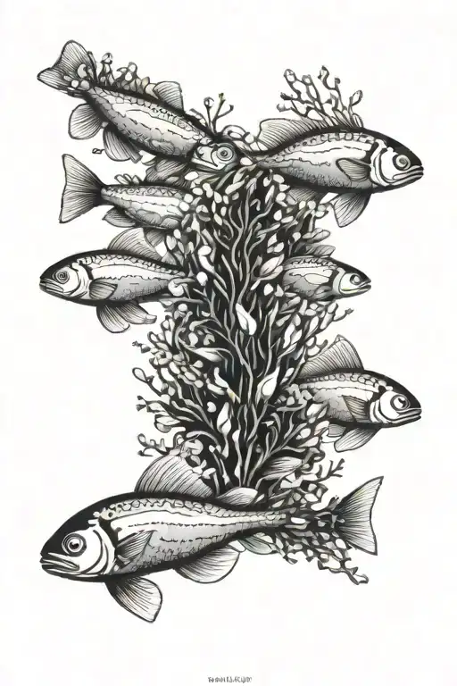 sweet water fish swarm, kale, clam tattoo design idea