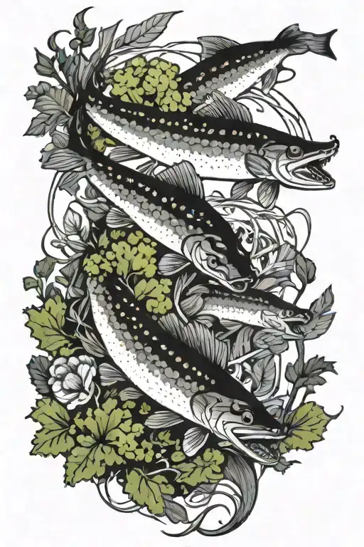 pike an catfish swarm, kale, clam tattoo design idea
