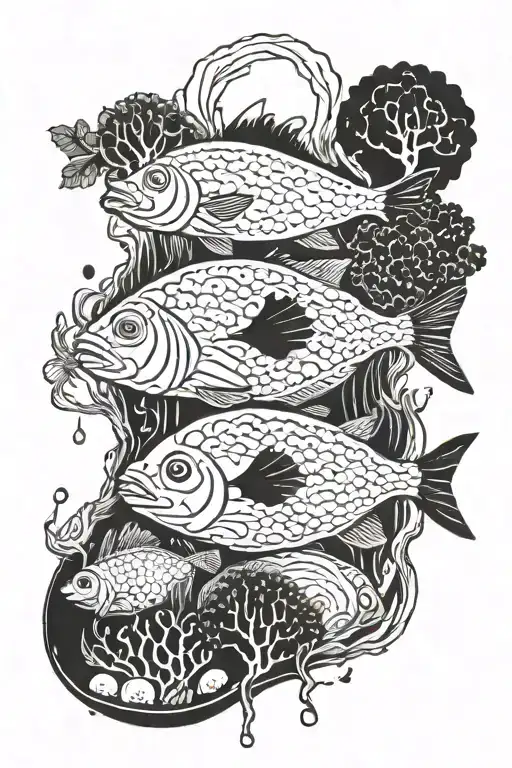 sweet water monstear with other water stuff ex: clam, small fish, kale tattoo design idea