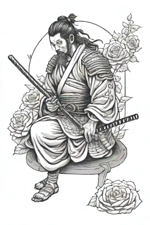 samurai meditating in rose garden tattoo design idea