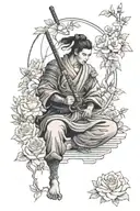 samurai meditating in rose garden tattoo design idea