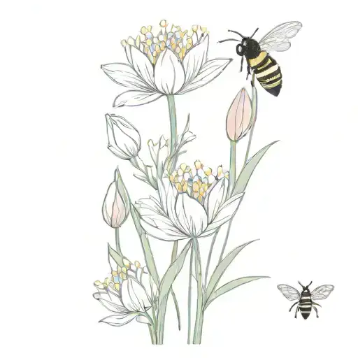 pastel purple lavender flowers, white daisie flowers, and pastel pink tulip flowers, with cute simple bees tattoo design idea