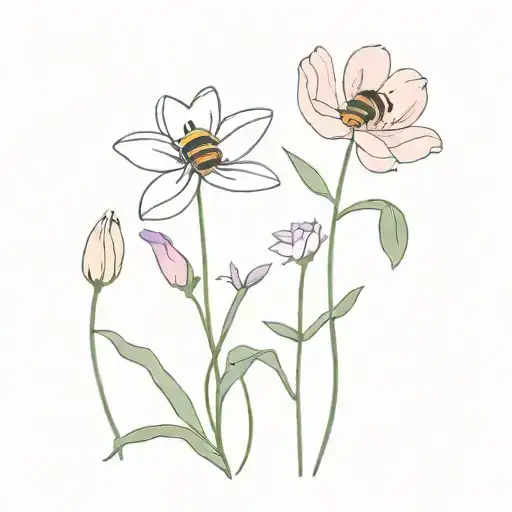 pastel purple lavender flowers, white daisie flowers, and pastel pink tulip flowers, with cute simple bees tattoo design idea