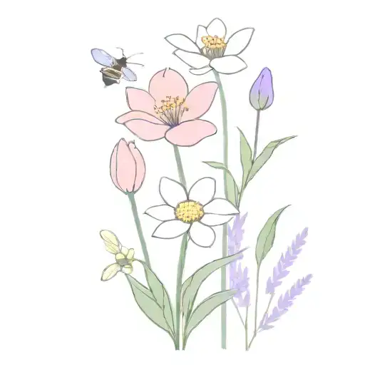 pastel purple lavender flowers, white daisie flowers, and pastel pink tulip flowers, with cute simple bees tattoo design idea