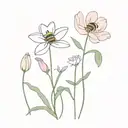 pastel purple lavender flowers, white daisie flowers, and pastel pink tulip flowers, with cute simple bees tattoo design idea