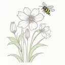 pastel purple lavender flowers, white daisie flowers, and pastel pink tulip flowers, with cute simple bees tattoo design idea