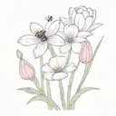 pastel purple lavender flowers, white daisie flowers, and pastel pink tulip flowers, with cute simple bees tattoo design idea