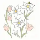 pastel purple lavender flowers, white daisie flowers, and pastel pink tulip flowers, with cute simple bees tattoo design idea