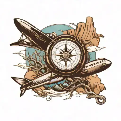 airplane compass mountains river running tattoo design idea