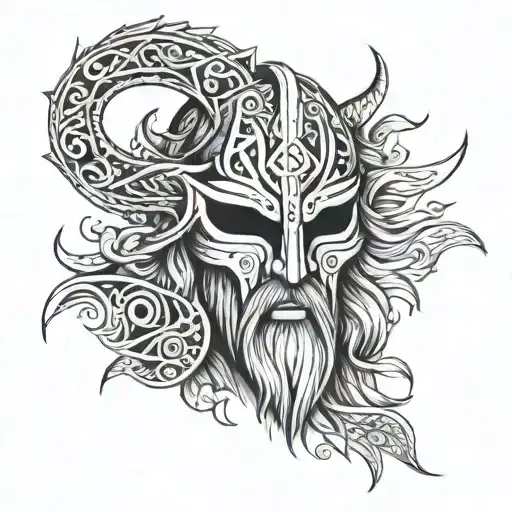 A tyr norse god mask tattoo design incorporating elder futhark runes  tattoo design idea