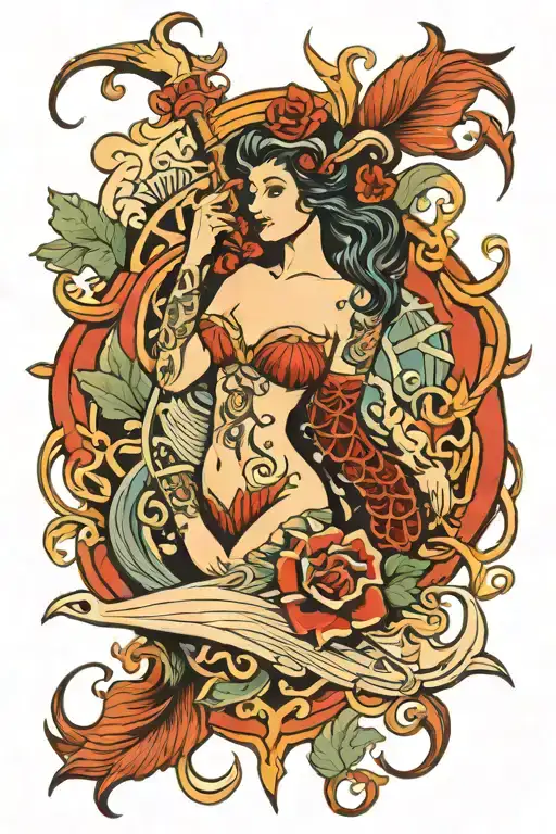 siren and trident intertwined tattoo design idea