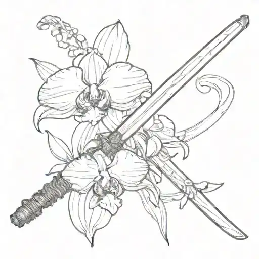 katana next to one orchid tattoo design idea