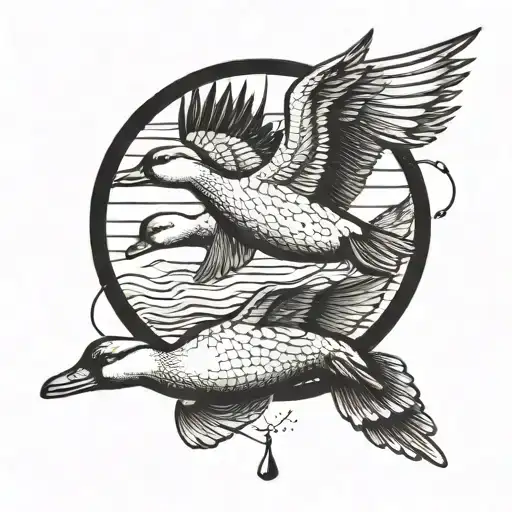 A detailed blackwork tattoo of a duck flying over a guy fishing with 4 aces  tattoo design idea