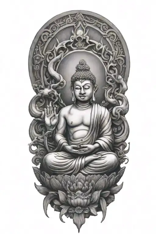Buddha sitting like buddha naga with a snake surrunding and a temple in the back tattoo design idea