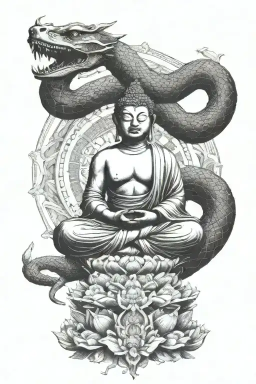 blackwork design featuring a snake wrapped around a buddha statue, the snake head is under the sitting buddha tattoo design idea