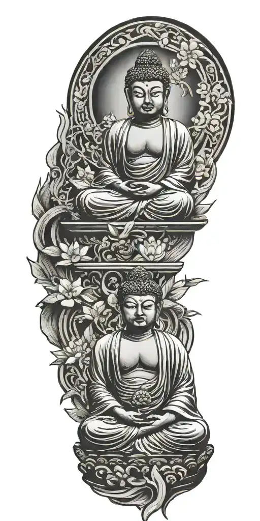 black ink tattoo with realistic buddha sitting alone tattoo design idea