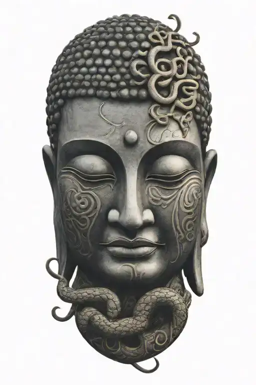 realistic buddha with a snake wrapping and asian temple in the background tattoo design idea