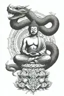 blackwork design featuring a snake wrapped around a buddha statue, the snake head is under the sitting buddha tattoo design idea