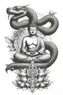 blackwork design featuring a snake wrapped around a buddha statue, the snake head is under the sitting buddha tattoo design idea