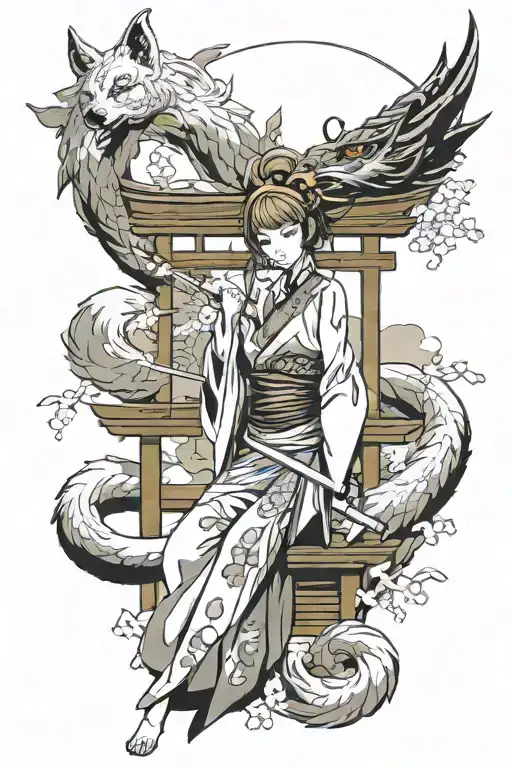 9 tailed fox over a torii and a sensual kitsune girl full body with a katana tattoo design idea