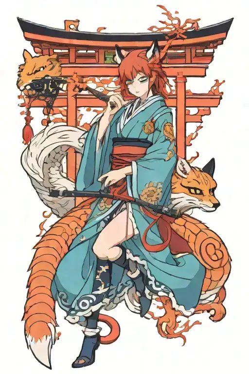 9 tailed fox over a torii and a sensual kitsune girl full body with a katana tattoo design idea
