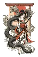 9 tailed fox over a torii and a sensual kitsune girl full body with a katana tattoo design idea