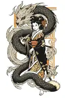 9 tailed fox over a torii and a sensual kitsune girl full body with a katana tattoo design idea