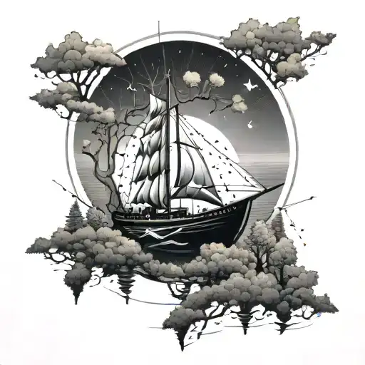 A geometric representation of a boat sailing through a forest of trees under the sea tattoo design idea