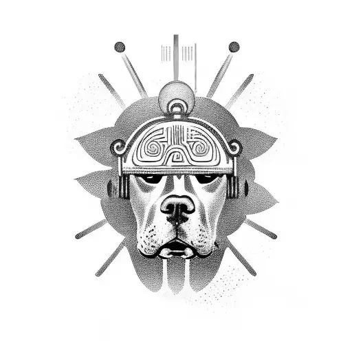 A pit bull wearing a Greek mythology-inspired helmet, surrounded by electronic music notes tattoo design idea