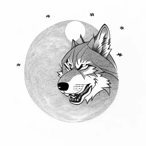 A lone wolf howling at the moon in a dense forest tattoo design idea