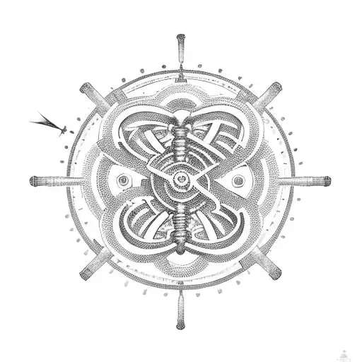 A dotwork tattoo of your kids' initials intertwined with mechanical gears and tools tattoo design idea