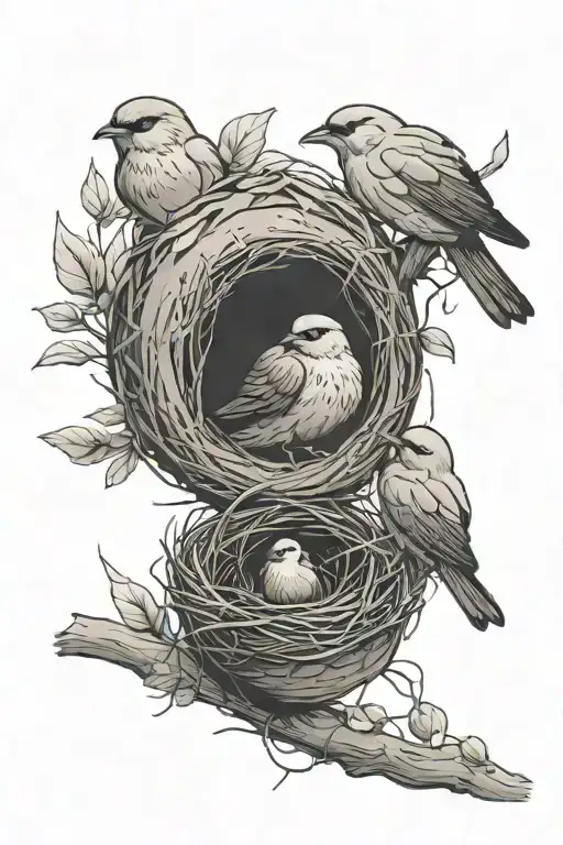 A minimalist tattoo of a mother bird feeding her chicks in a nest, symbolizing the client's nurturing and caring nature as a homesteader tattoo design idea