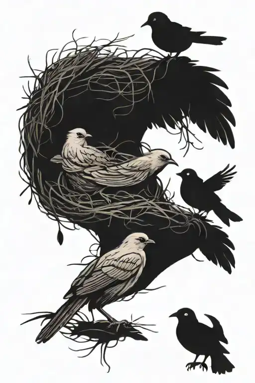 A minimalist tattoo of a mother bird feeding her chicks in a nest, symbolizing the client's nurturing and caring nature as a homesteader tattoo design idea