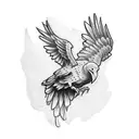 raven with open wings lands on skeleton hand that holding american dolar tattoo design idea
