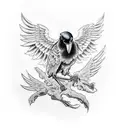 raven with open wings lands on skeleton hand that holding american dolar tattoo design idea