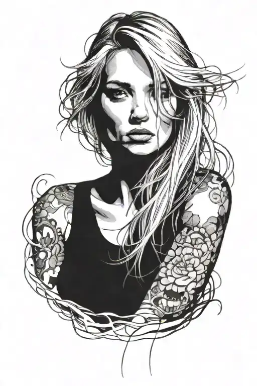 young woman from the front blonde with smooth and long hair, the face divided in two, one side happy and the other sad tattoo design idea