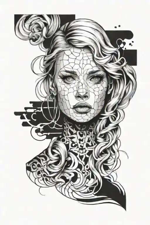 young woman from the front blonde with straight hair on one side and curly on the other and long, the face divided in tw tattoo design idea