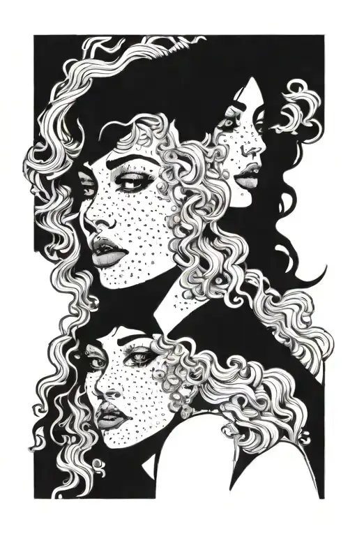 blonde woman from the front, straight hair on one side, curly on the other, face divided in two, happy and sad tattoo design idea