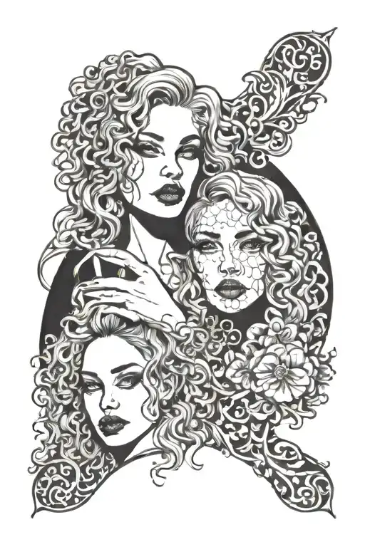 blonde woman from the front, straight hair on one side, curly on the other, face divided in two, happy and sad tattoo design idea