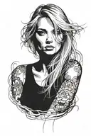 young woman from the front blonde with smooth and long hair, the face divided in two, one side happy and the other sad tattoo design idea