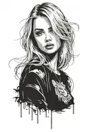young woman from the front blonde with smooth and long hair, the face divided in two, one side happy and the other sad tattoo design idea
