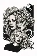 blonde woman from the front, straight hair on one side, curly on the other, face divided in two, happy and sad tattoo design idea