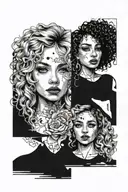 blonde woman from the front, straight hair on one side, curly on the other, face divided in two, happy and sad tattoo design idea
