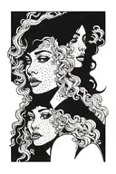 blonde woman from the front, straight hair on one side, curly on the other, face divided in two, happy and sad tattoo design idea