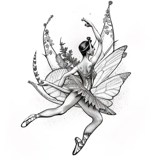 A Ballerina fairy with butterfly and an accent of something that symbolizes nature to be tattoed on a right lower ribcag tattoo design idea