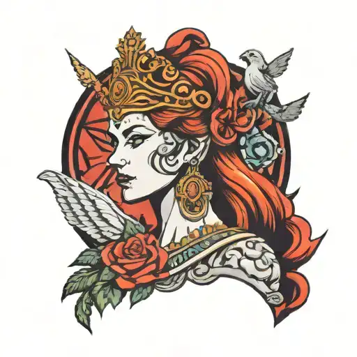 A modern interpretation of Hera as a powerful and regal queen, surrounded by symbols of her authority and strength tattoo design idea