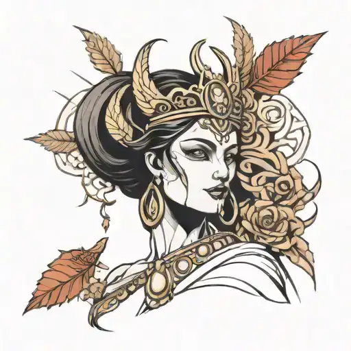 A modern interpretation of Hera as a powerful and regal queen, surrounded by symbols of her authority and strength tattoo design idea