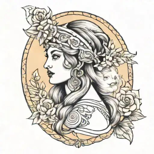 A traditional tattoo design featuring Hera in a classic Greek pose, with traditional patterns and symbols representing her role as the goddess of marriage and family tattoo design idea