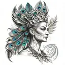 A realistic portrait of Hera with intricate details of her crown and peacock feathers, embodying her status as the queen of the gods tattoo design idea