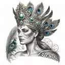 A realistic portrait of Hera with intricate details of her crown and peacock feathers, embodying her status as the queen of the gods tattoo design idea